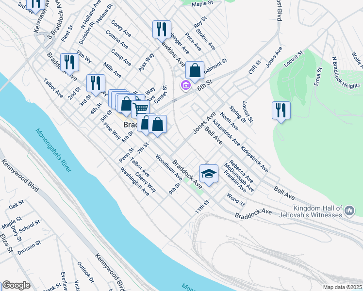 map of restaurants, bars, coffee shops, grocery stores, and more near 449 Library Street in Braddock