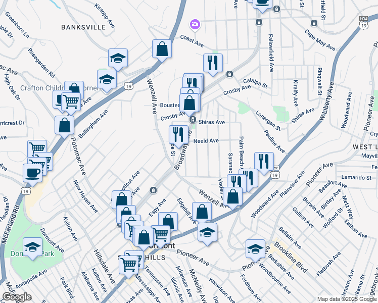 map of restaurants, bars, coffee shops, grocery stores, and more near 2300 Broadway Avenue in Pittsburgh