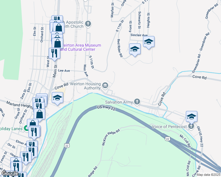 map of restaurants, bars, coffee shops, grocery stores, and more near 3316 Overbrook Drive in Weirton