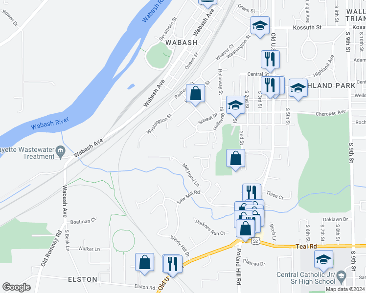 map of restaurants, bars, coffee shops, grocery stores, and more near 1421 Sunset Ridge Drive in Lafayette