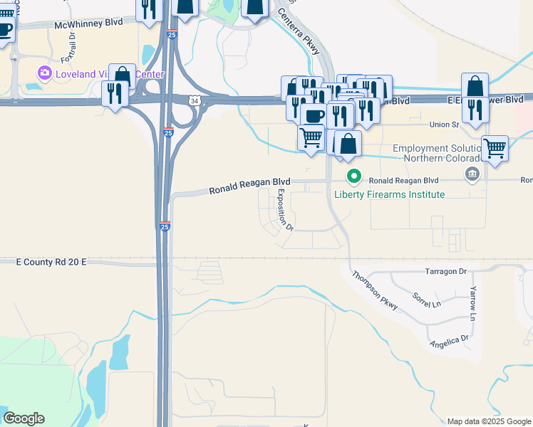 map of restaurants, bars, coffee shops, grocery stores, and more near 4990 Ronald Reagan Boulevard in Johnstown