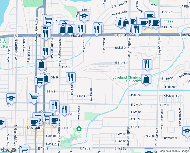 map of restaurants, bars, coffee shops, grocery stores, and more near 915 East 10th Street in Loveland