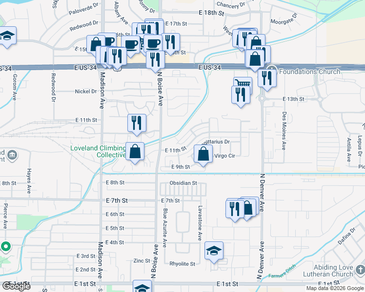 map of restaurants, bars, coffee shops, grocery stores, and more near 1815 East 11th Street in Loveland