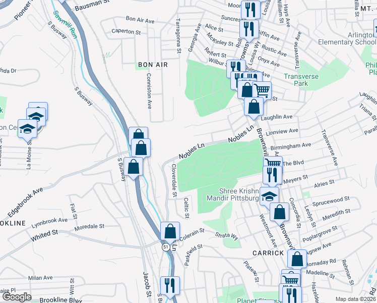 map of restaurants, bars, coffee shops, grocery stores, and more near 244 Nobles Lane in Pittsburgh