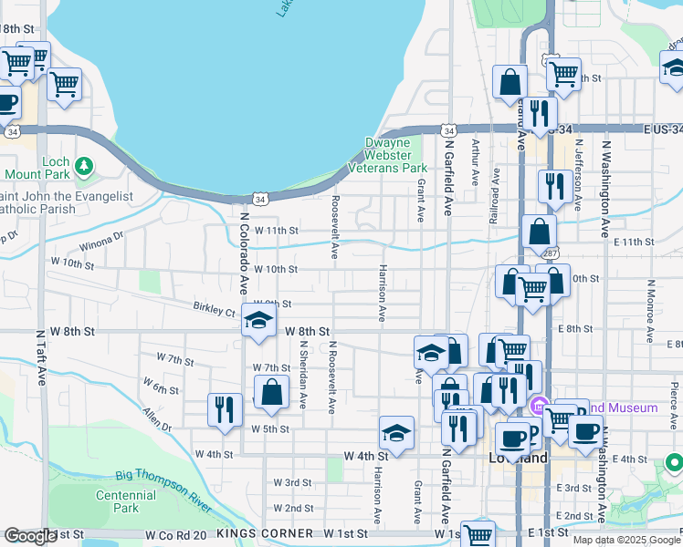 map of restaurants, bars, coffee shops, grocery stores, and more near 439 West 10th Street in Loveland