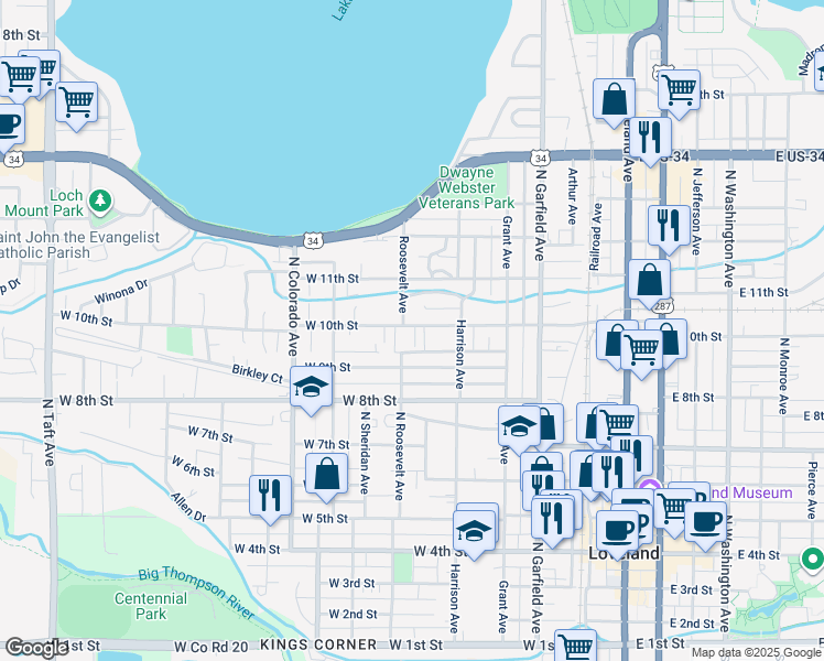 map of restaurants, bars, coffee shops, grocery stores, and more near 470 West 10th Street in Loveland