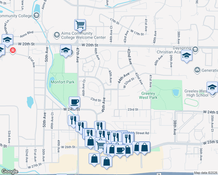 map of restaurants, bars, coffee shops, grocery stores, and more near 2152 45th Avenue in Greeley