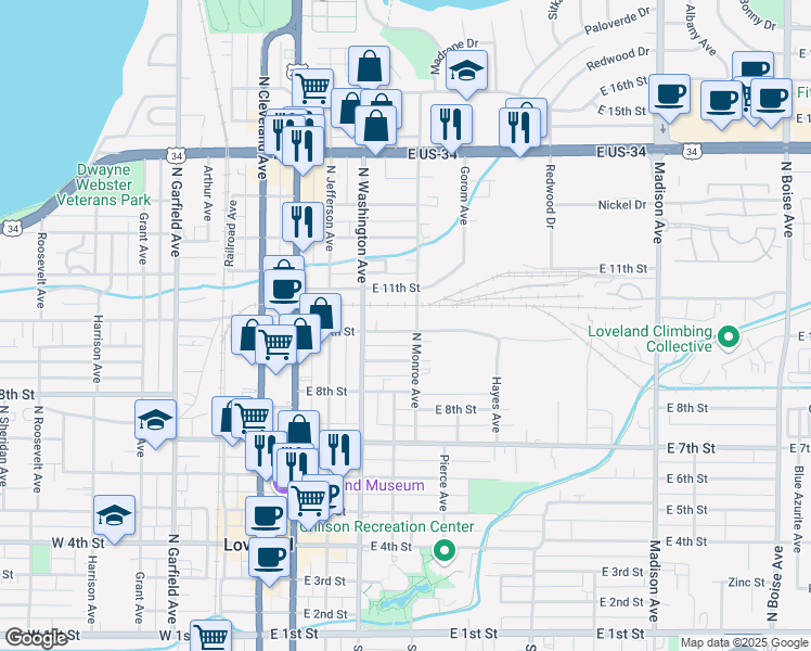 map of restaurants, bars, coffee shops, grocery stores, and more near 615 East 10th Street in Loveland