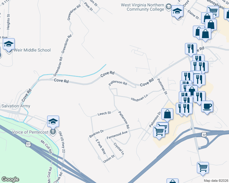map of restaurants, bars, coffee shops, grocery stores, and more near 135 Patterson Road in Weirton