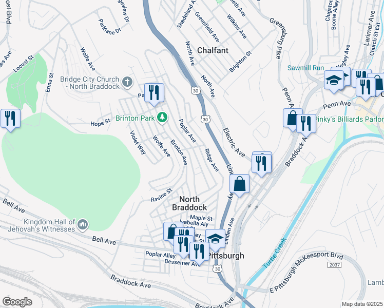 map of restaurants, bars, coffee shops, grocery stores, and more near 1608 Grandview Avenue in Braddock