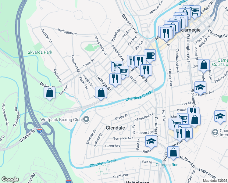 map of restaurants, bars, coffee shops, grocery stores, and more near 523 West Main Street in Carnegie