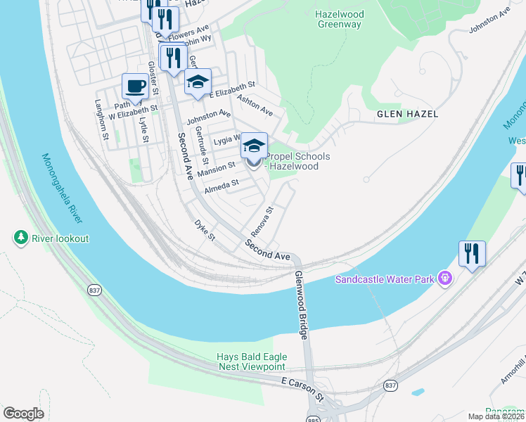 map of restaurants, bars, coffee shops, grocery stores, and more near 82 Cust Street in Pittsburgh