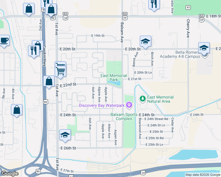 map of restaurants, bars, coffee shops, grocery stores, and more near 2203 Aspen Avenue in Greeley