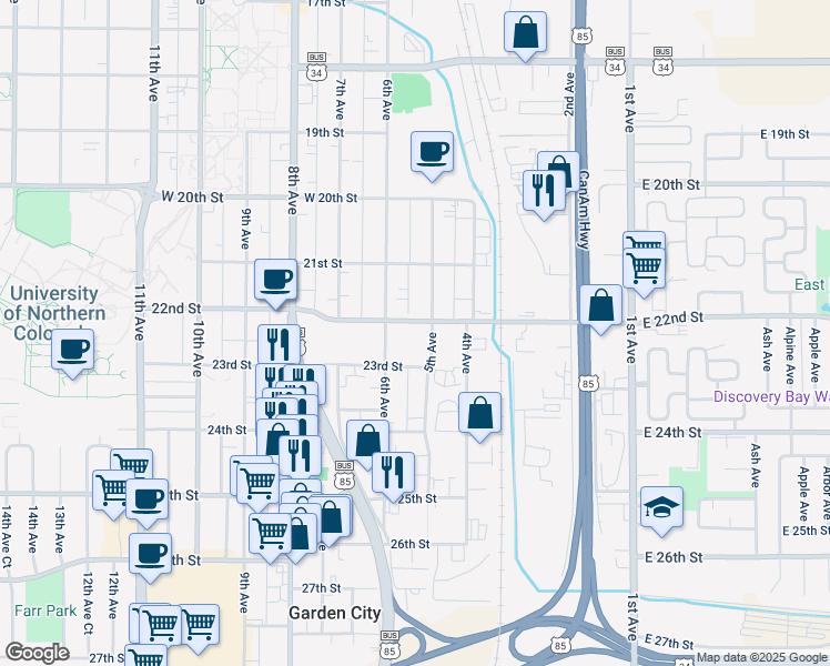 map of restaurants, bars, coffee shops, grocery stores, and more near 515 22nd Street in Greeley