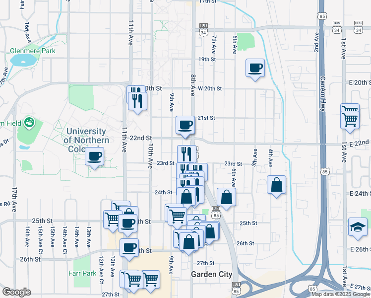 map of restaurants, bars, coffee shops, grocery stores, and more near 2201 8th Avenue in Greeley