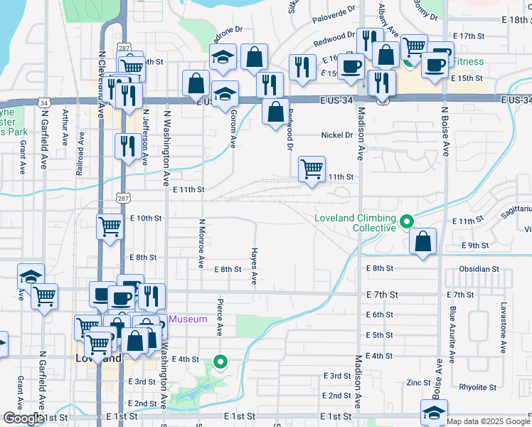 map of restaurants, bars, coffee shops, grocery stores, and more near 894-898 East 10th Street in Loveland