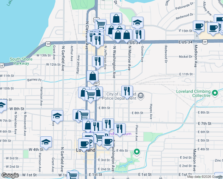 map of restaurants, bars, coffee shops, grocery stores, and more near 1023 North Washington Avenue in Loveland