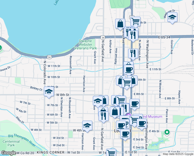map of restaurants, bars, coffee shops, grocery stores, and more near 309 West 10th Street in Loveland