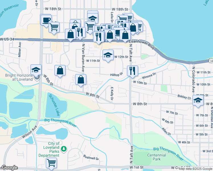 map of restaurants, bars, coffee shops, grocery stores, and more near 923 West Kelly Drive in Loveland