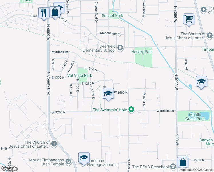 map of restaurants, bars, coffee shops, grocery stores, and more near 1277 North 1270 East in American Fork