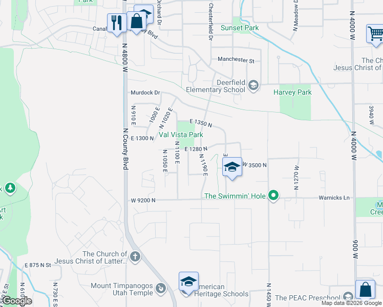map of restaurants, bars, coffee shops, grocery stores, and more near 1276 North 1150 East in American Fork