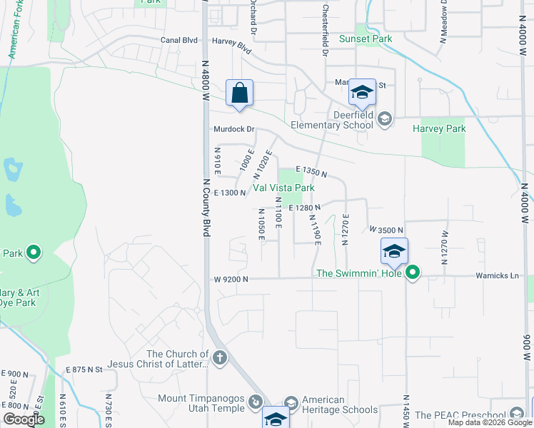 map of restaurants, bars, coffee shops, grocery stores, and more near 1095 East 1280 North in American Fork