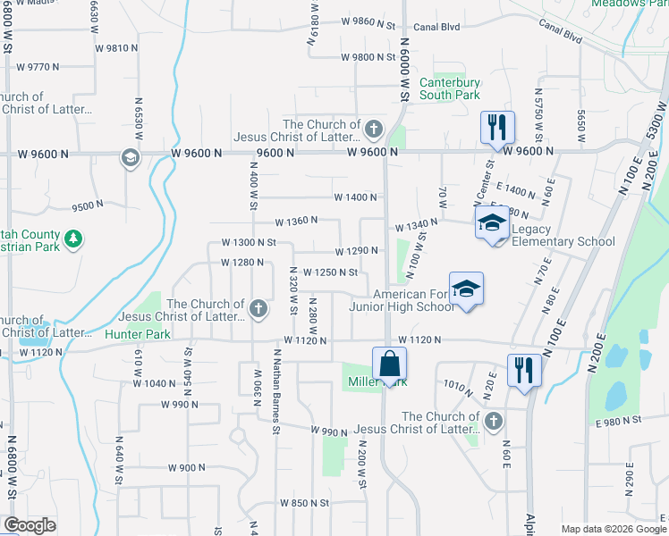 map of restaurants, bars, coffee shops, grocery stores, and more near 261 West 1290 North in American Fork