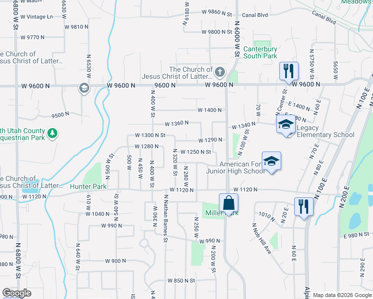 map of restaurants, bars, coffee shops, grocery stores, and more near 261 West 1290 North in American Fork
