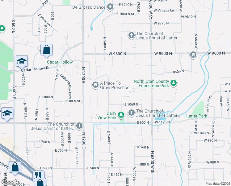 map of restaurants, bars, coffee shops, grocery stores, and more near 1193 North 1490 East in Lehi