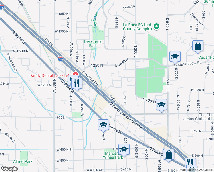 map of restaurants, bars, coffee shops, grocery stores, and more near 1261 North 100 East in Lehi