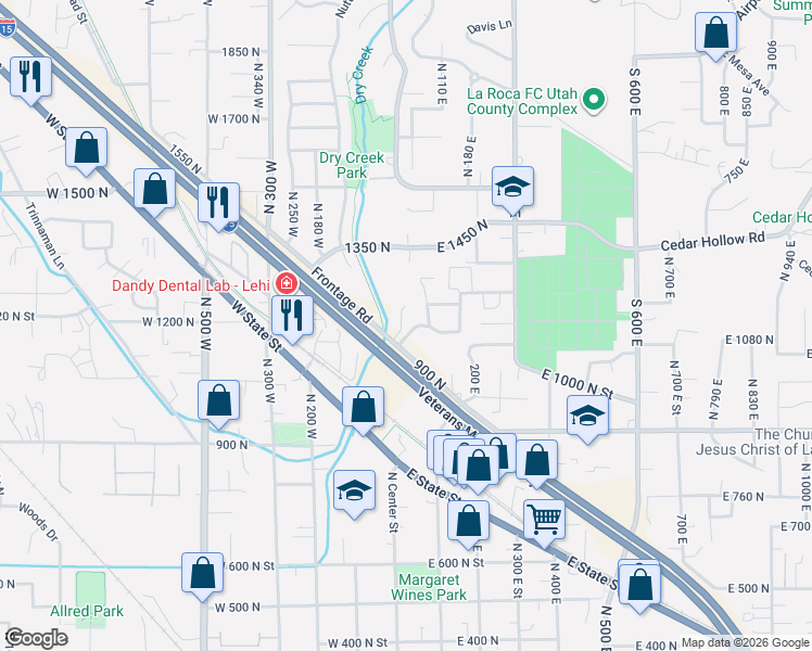 map of restaurants, bars, coffee shops, grocery stores, and more near 1261 North 100 East in Lehi