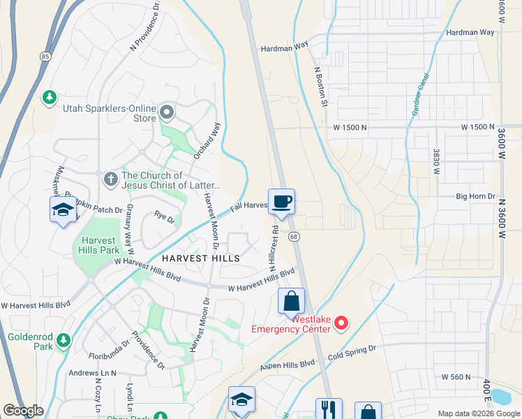map of restaurants, bars, coffee shops, grocery stores, and more near 2177 North Hillcrest Drive in Saratoga Springs