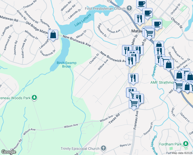 map of restaurants, bars, coffee shops, grocery stores, and more near 27 Willow Avenue in Matawan