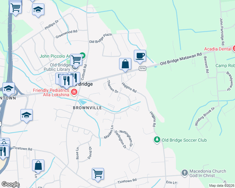 map of restaurants, bars, coffee shops, grocery stores, and more near 297 Pewter Court in Old Bridge