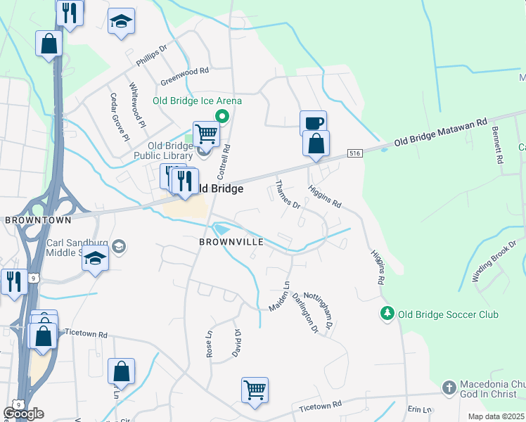 map of restaurants, bars, coffee shops, grocery stores, and more near 17 Excalibur Court in Old Bridge