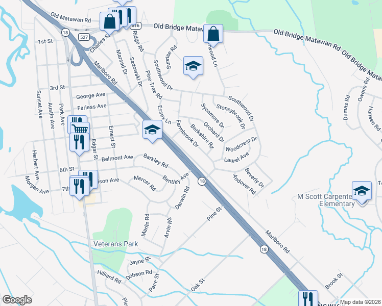 map of restaurants, bars, coffee shops, grocery stores, and more near 306 Marlboro Road in Old Bridge