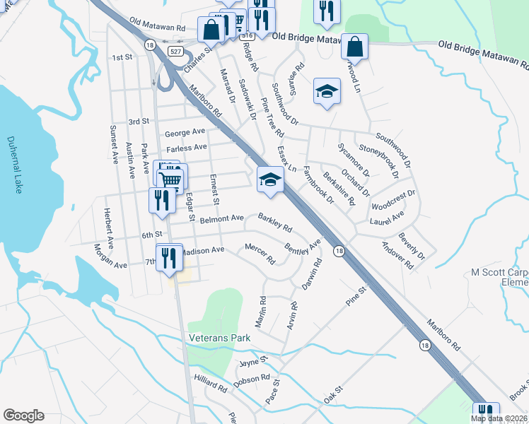 map of restaurants, bars, coffee shops, grocery stores, and more near 333 New Jersey 18 in Old Bridge