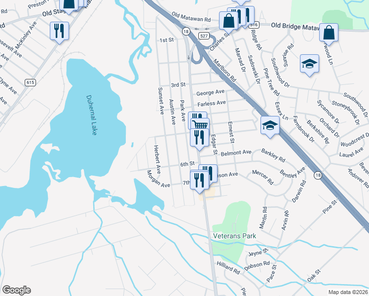 map of restaurants, bars, coffee shops, grocery stores, and more near 198 Austin Avenue in Old Bridge