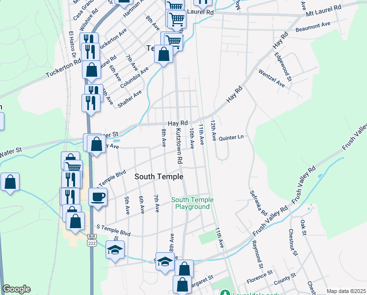map of restaurants, bars, coffee shops, grocery stores, and more near 4401 Kutztown Road in Temple