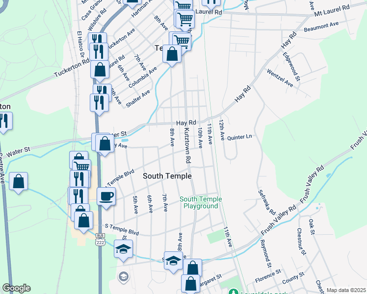 map of restaurants, bars, coffee shops, grocery stores, and more near 4411 Kutztown Road in Temple