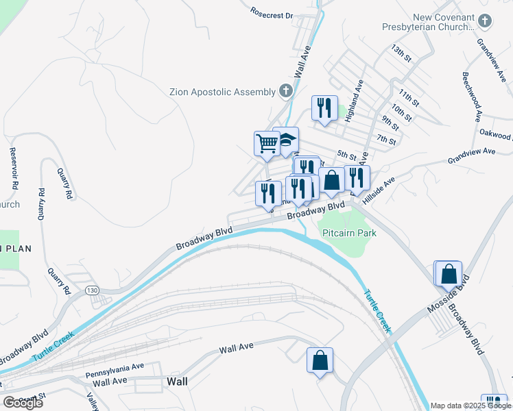 map of restaurants, bars, coffee shops, grocery stores, and more near 385 3rd Street in Pitcairn