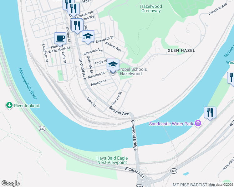 map of restaurants, bars, coffee shops, grocery stores, and more near 82 Cust Street in Pittsburgh