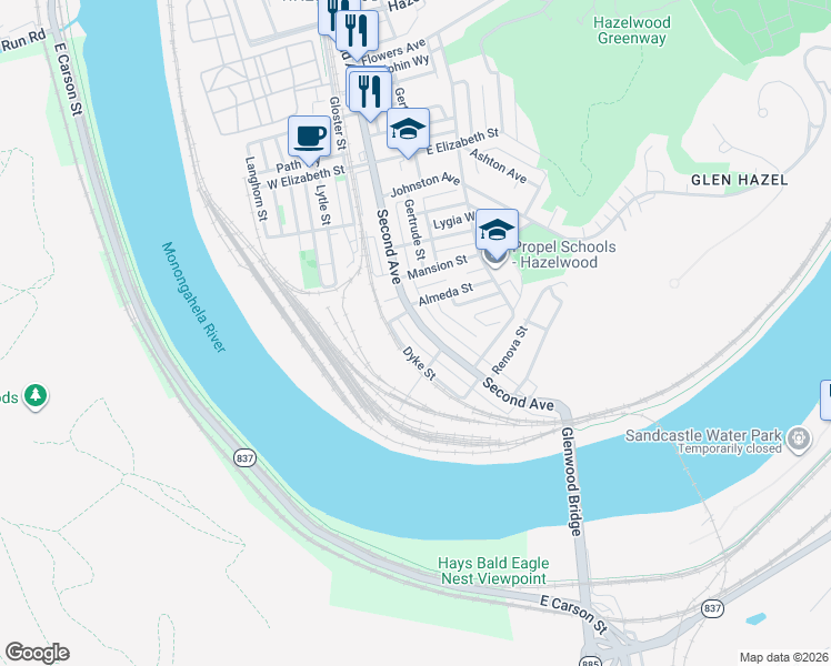 map of restaurants, bars, coffee shops, grocery stores, and more near 5423 Second Avenue in Pittsburgh