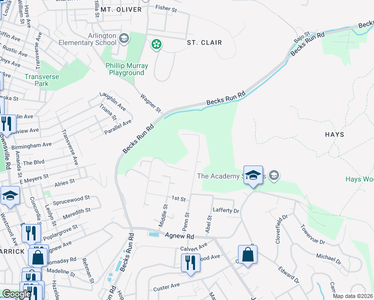 map of restaurants, bars, coffee shops, grocery stores, and more near 521 Orchard Drive in Pittsburgh