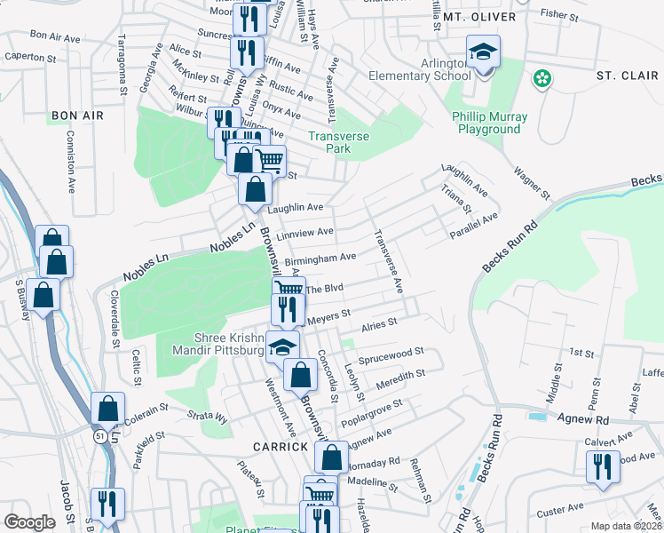 map of restaurants, bars, coffee shops, grocery stores, and more near 209 Birmingham Avenue in Pittsburgh