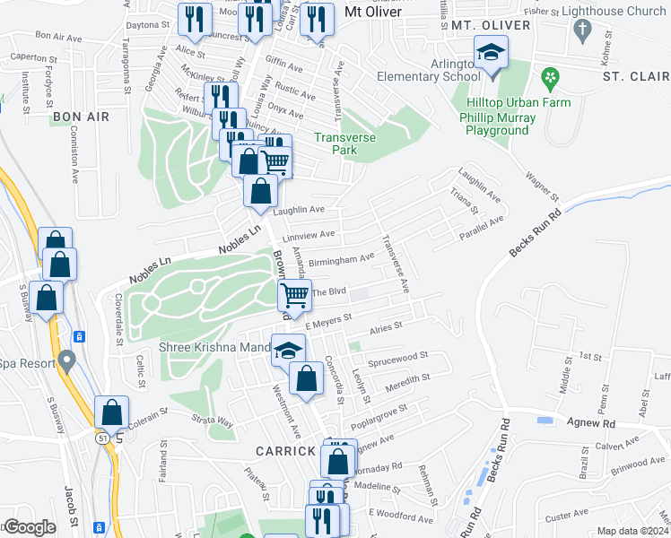 map of restaurants, bars, coffee shops, grocery stores, and more near 121 Birmingham Avenue in Pittsburgh