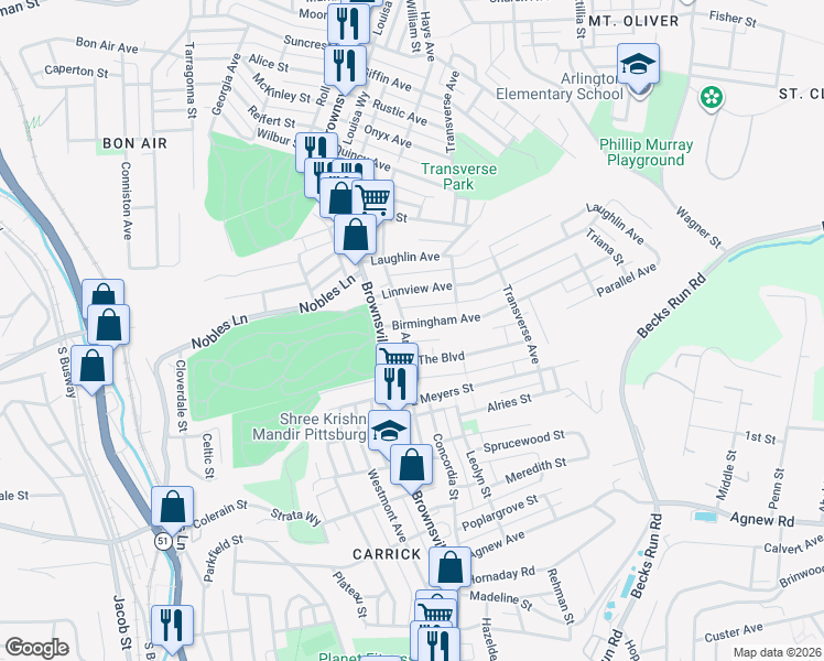map of restaurants, bars, coffee shops, grocery stores, and more near 121 Birmingham Avenue in Pittsburgh