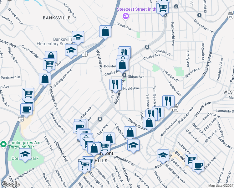map of restaurants, bars, coffee shops, grocery stores, and more near 2300 Broadway Avenue in Pittsburgh