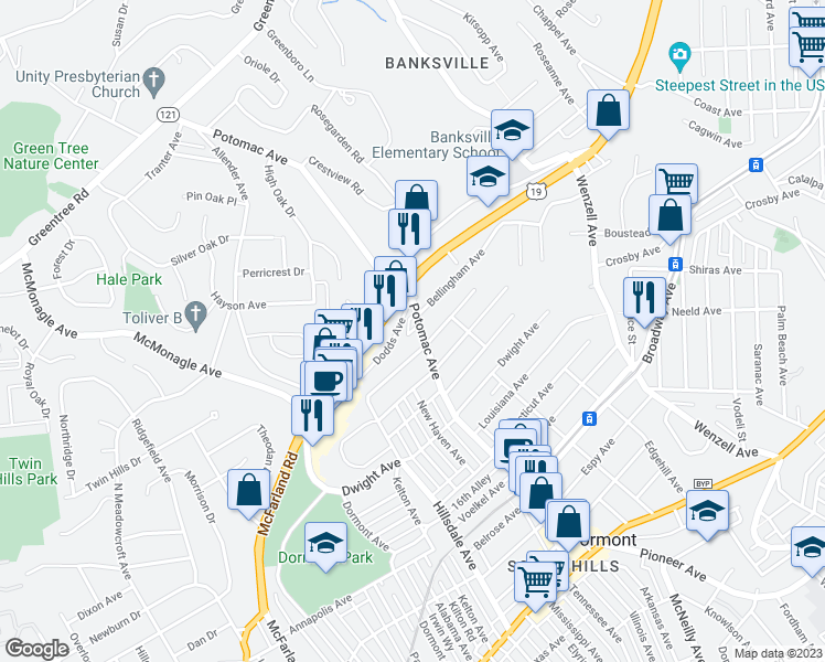 map of restaurants, bars, coffee shops, grocery stores, and more near 2823 Bellingham Avenue in Pittsburgh