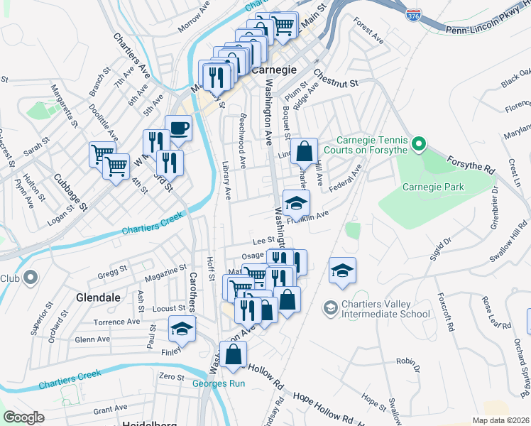map of restaurants, bars, coffee shops, grocery stores, and more near 806-810 Washington Avenue in Carnegie